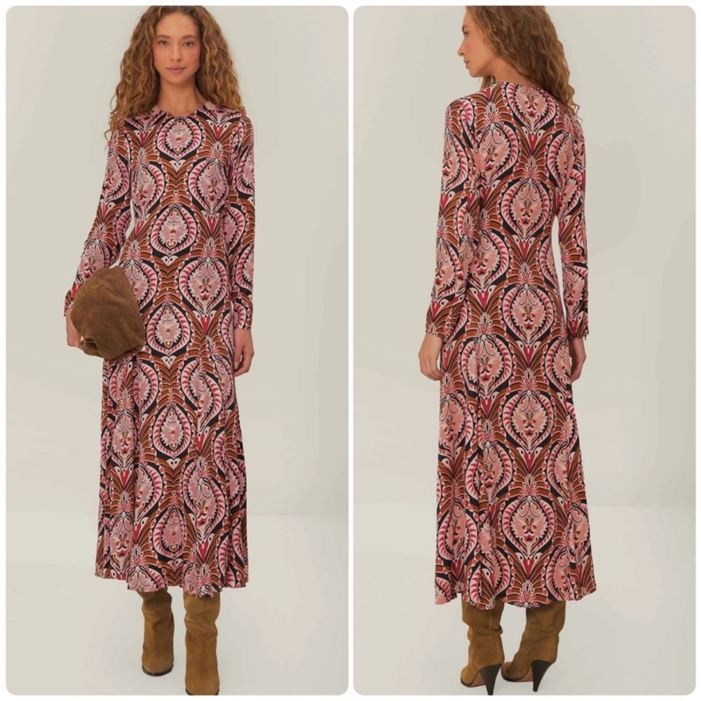 FARM Rio Pineapple Jewelry Midi Dress Size S Long Sleeve Printed Viscose - Picture 14 of 15